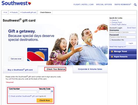 Check Southwest Gift Card Balance